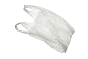 Obraz premium Empty white transparent plastic shopping bag with handles, isolated on a clean white background. This single-use polyethylene bag is shown floating