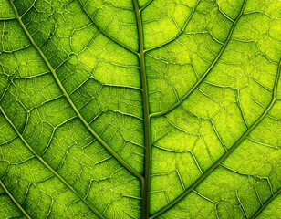 Obraz premium A close-up view of a vibrant green leaf's intricate vein structure