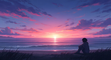 Obraz premium lonely person watching sunset over calm ocean - emotional anime landscape 4k pc wallpaper 