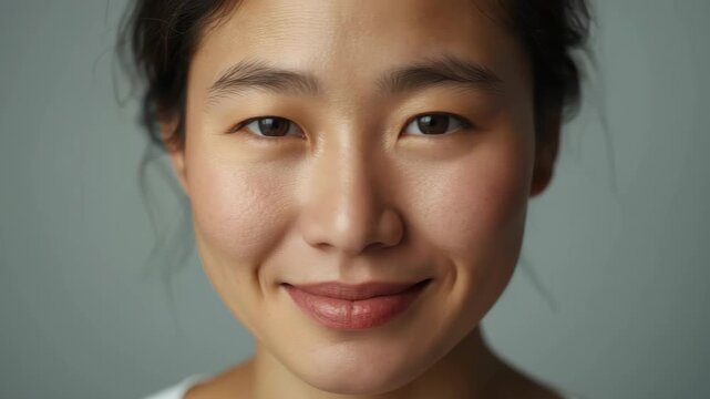 Young asian woman portrait close up smiling softly with natural makeup neutral background