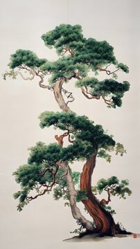 Majestic ancient pine tree painted in traditional East Asian ink wash style, showcasing gnarled branches and lush green needles on a light background.