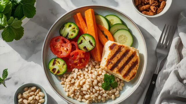 Grilled halloumi and grilled cheese bowl with zucchini, tomato, carrot, barley, white beans