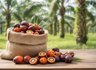 Fresh tropical passion fruits in burlap basket on wooden table outdoor garden