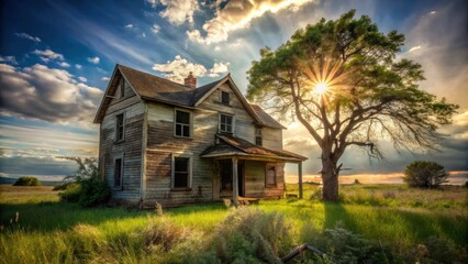 Obraz premium Sunbeams Illuminate a Rustic, Abandoned Farmhouse in a Field of Tall Grass