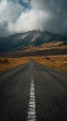 Autumn Landscape Featuring a Dark Asphalt Road Leading to a Mountain Under Dramatic Cloudy Sky with Orange and Brown Vegetation in Warm Light