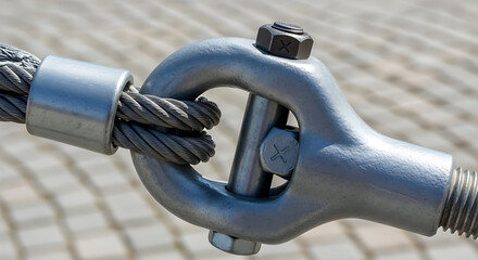 Obraz premium Detailed view of a robust metal turnbuckle, connecting steel cables with nuts and bolts, symbolizing strength and secure connection