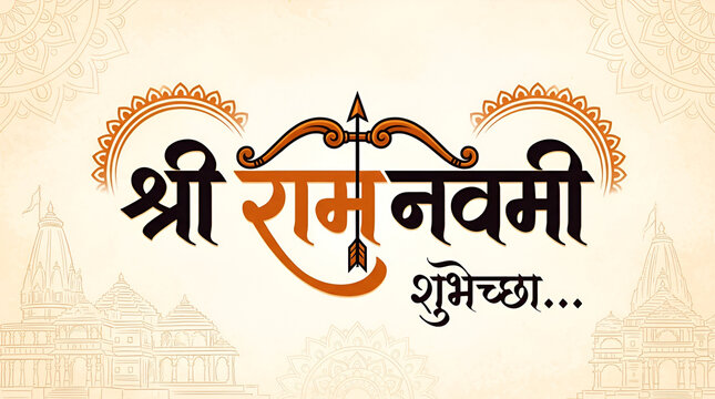 Hindi Calligraphy reads Shree Ram Navami, which is a spring Hindu festival that celebrates the birthday of the Hindu God Lord Rama