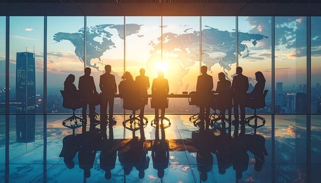Silhouetted business team in a modern office overlooking a city skyline and a world map overlaid on a sunset