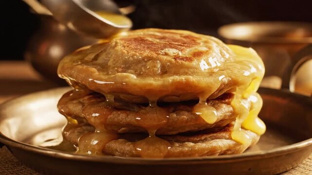 Delicious Puran poli stacked with melted ghee pouring on top