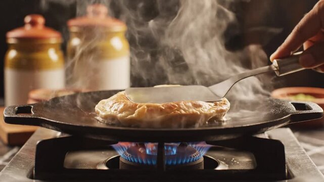 Puran poli being cooked with ghee on a hot griddle