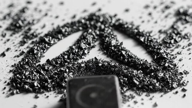 Black coffee beans arranged in a peace sign on a white surface with a camera lens in the foreground.