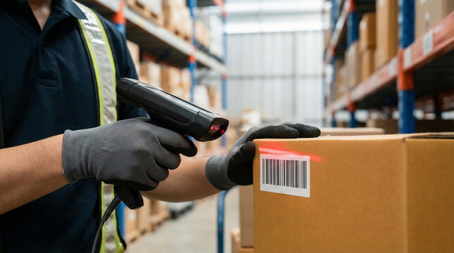 Close up of warehouse worker scanning barcode on cardboard box using handheld scanner for inventory management and ecommerce fulfillment.
