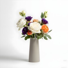 Fototapeta premium Colorful Mixed Flower Bouquet with White Roses, Purple Lisianthus and Orange Ranunculus in Modern Minimal Vase Isolated on White
