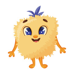Fluffy yellow plush monster smiling with big eyes, tiny limbs and soft fur, standing on white background,