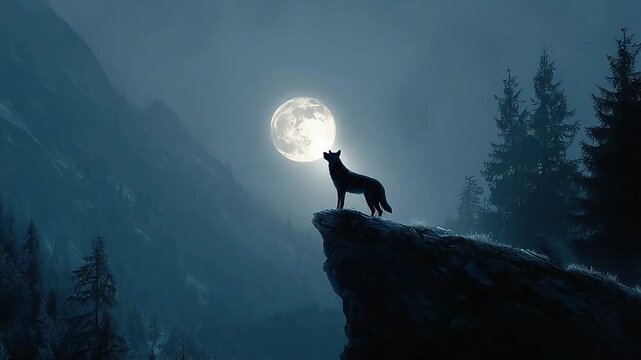 A lone wolf howls under a full moon, evoking mystery and freedom in a serene forest setting.