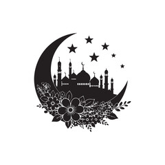 Floral Ramadan and Eid greeting with mosque, moon, and stars silhouette