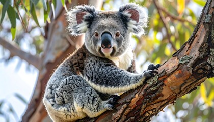 An endearing koala clings to a thick, textured tree branch, surrounded by soft green foliage in bright, natural light