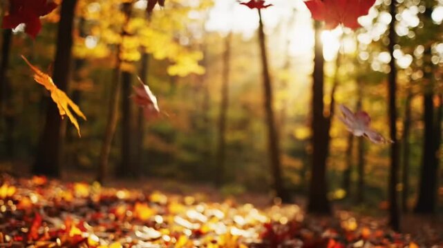 Autumn forest with falling leaves and sunlight filtering through trees.