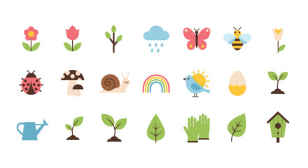 A vibrant collection of spring-themed icons, featuring flowers, insects, weather elements, and gardening tools, perfect for seasonal designs. © GJ