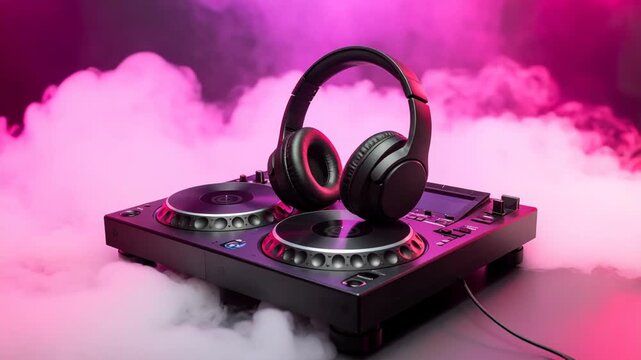 DJ headphones resting on professional turntable with pink smoke and neon lighting
