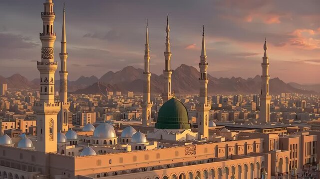Prophet's Mosque Medina Saudi Arabia Golden Sunset
