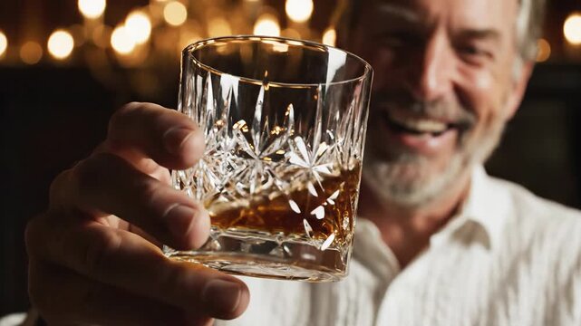 Smiling Man Holding Crystal Glass with Amber Whiskey, Celebrating with Cheers