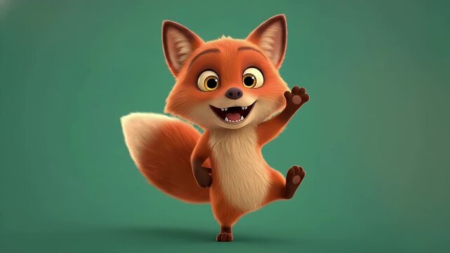 Cute Animated Red Fox Character Standing and Smiling on a Solid Teal Background
