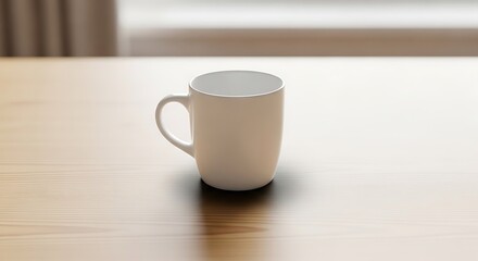 Fototapeta premium Plain white coffee mug sits centered on a light wooden tabletop with soft diffused background lighting creating gentle reflections and shadows.