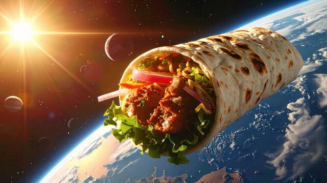 A delicious filled wrap floats in space, amidst planets and the Earth's orbit