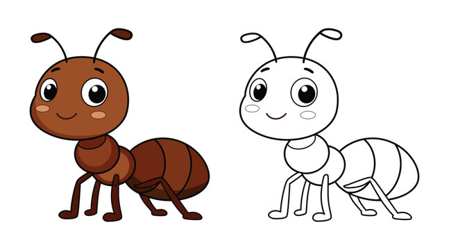 Cute Ant Cartoon Coloring Page For Kids. Animal Coloring Book Printable Vector Illustration. 