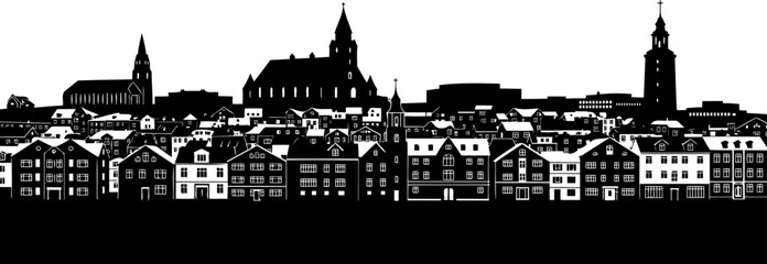 Obraz premium European coastal town skyline with historic buildings