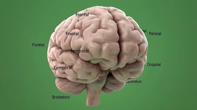 3D Render of a Human Brain with Lobe Labels (Frontal, Parietal, Temporal, Occipital) on Green Background