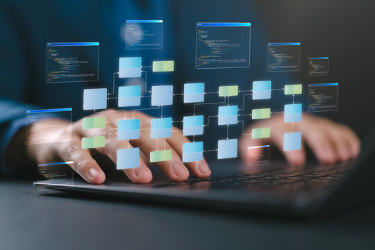 Data infrastructure and data pipeline development with integration system. Engineer using laptop to design data processing architecture, analytics workflow, and data warehouse management.