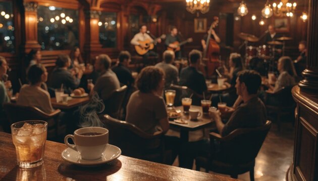 Cozy dimly lit bar with live jazz band and patrons