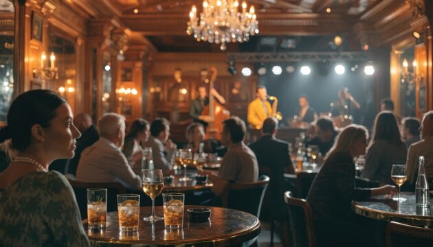 Elegant jazz club interior with live band and seated audience.