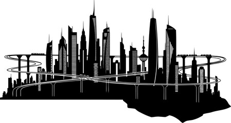 Fototapeta premium Modern futuristic city silhouette with looping highways