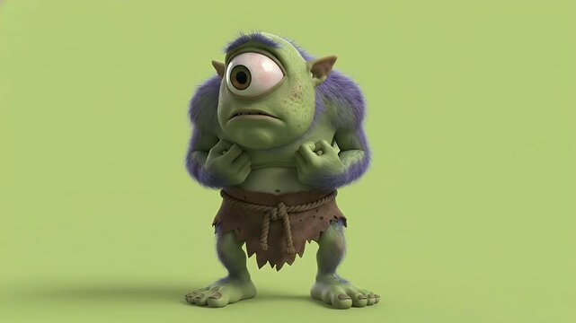 One-eyed cyclops troll character wearing a loincloth, fantasy monster with a surprised or scared expression