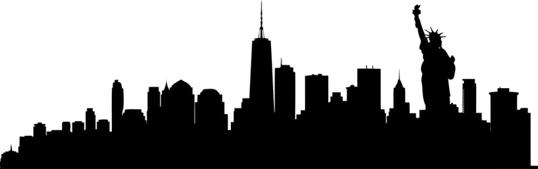 Obraz premium New york city landmark skyline outline including the statue of liberty and skyscrapers