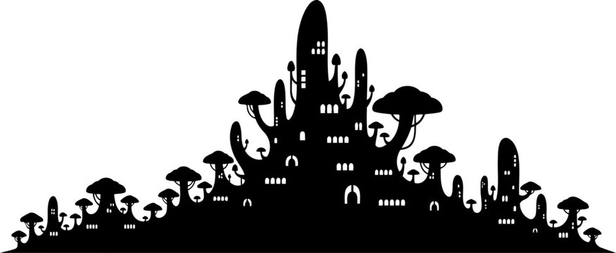 Mushroom city fantasy alien landscape silhouette