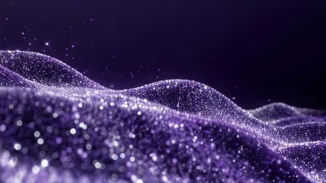Swirling purple glitter dust forms glowing waves against a dark, cosmic background