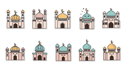 Fototapeta premium A collection of ten cute cartoon mosque illustrations with domes and minarets in pastel colors, depicting Islamic architecture.