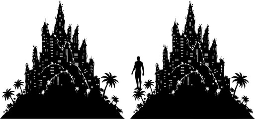Fototapeta premium Surreal fantasy island silhouette with giant man and spiky castles