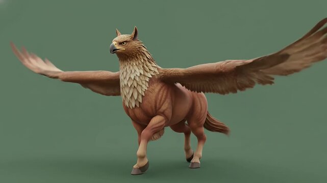 Powerful griffin mythical creature in a dynamic pose, walking or running on a green background, 3D render