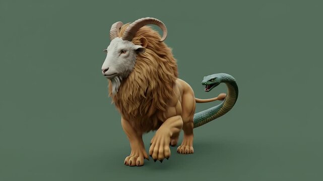 Chimeric beast with a lion's body, ram's head, and snake's tail, mythical fantasy creature, 3D render