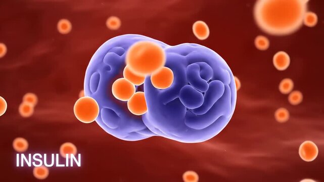 Insulin molecule interacting with cells for glucose regulation, a microscopic view of cellular processes
