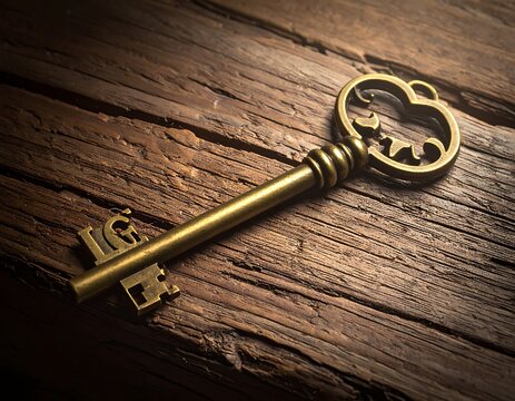 Ornate gold key rests on a rustic wooden surface, the weathered texture amplifying its aged, antique charm