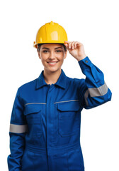 Young caucasian woman in royal blue work coveralls and yellow hard hat, confidently adjusting the brim, studio portrait medium shot against a transparent high-key background. Concept of skilled