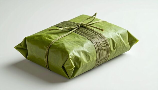 Green Wrapped Package on White Background.