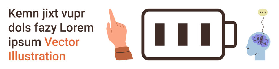 Energy levels, mental health, neural connectivity, productivity, decision-making, focus concepts. A hand points to a battery and a brain with neural signals. Energy levels and mental health concept