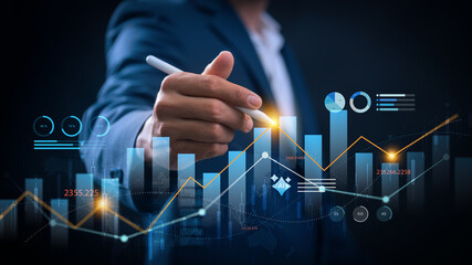 Obraz premium data driven investment growth powered by ai analytics, financial professional analyzing stock market charts on digital dashboard to forecast trends, increase profit and optimize portfolio strategy